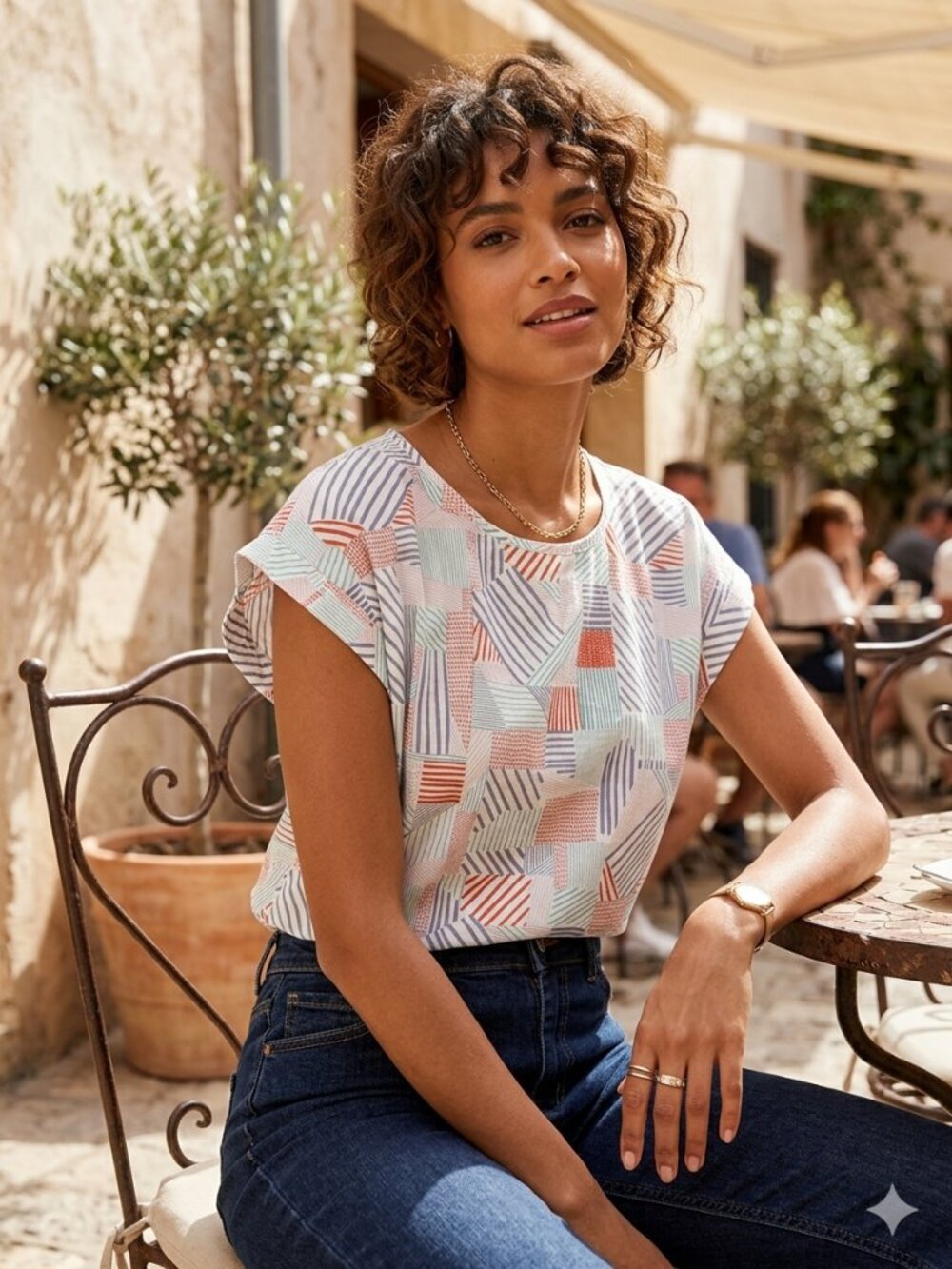 Compañia Fantástica Geometric Print Cap-Sleeve Blouse Multi Color